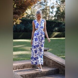 PETAL & PUP LULU WRAP FRONT JUMPSUIT - BLUE FLORAL S B110